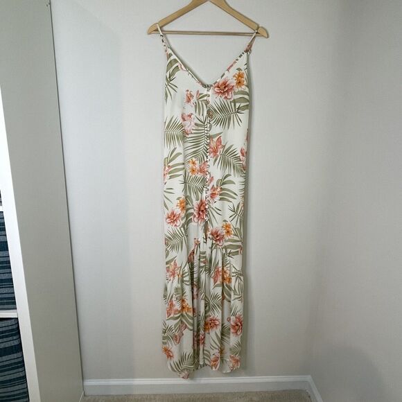 Vestique Floral Full Button Thigh Slit V Neck Maxi Dress Tropical Boho Womens L - Picture 8 of 10